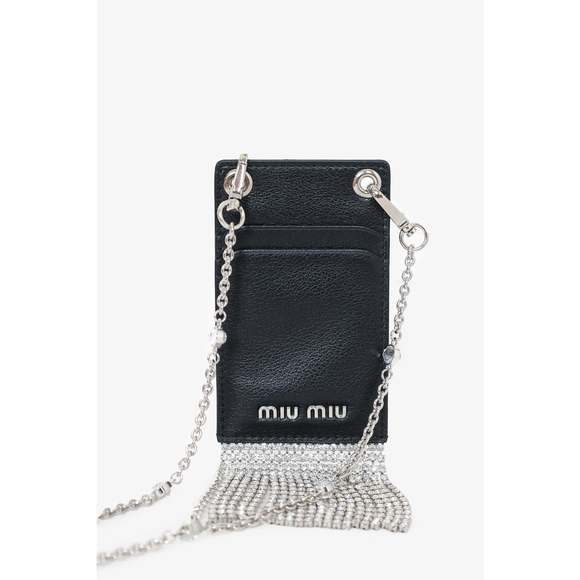 Miu Miu Black Leather Crystal Fringe Card Holder with Chain - Picture 2 of 3
